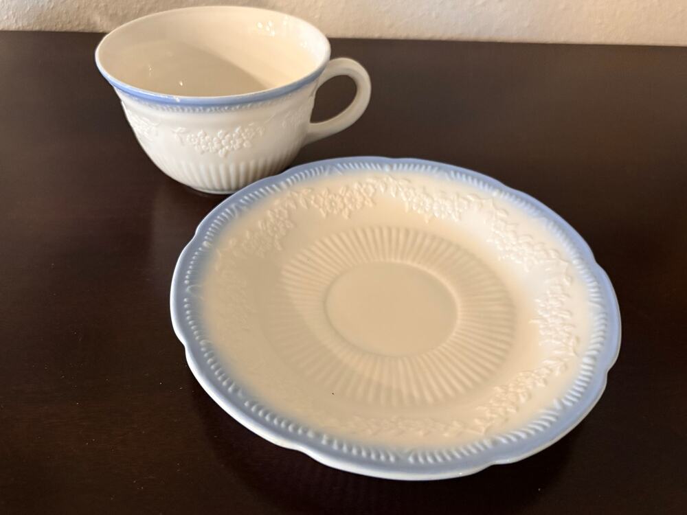 Vintage 1940s Fire-King Alice Vitrock Cup & Saucer Blue Trim Milk Glass